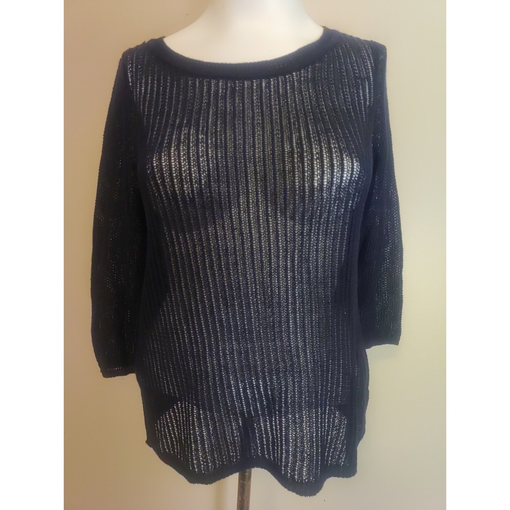 Talbots Women Navy Blue Linen Open Knit 3/4 Sleeve Sweater Size LP